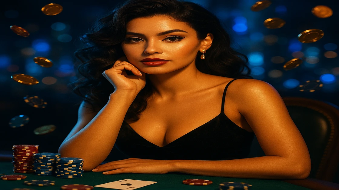 AK44 Live লাইভ গেমিং‑এ একটি সুন্দর হোস্ট আপনাকে ১০০% স্বাগত পুরস্কারের সঙ্গে খেলার আমন্ত্রণ জানাচ্ছেন, চারদিকে চিপস ও ভাসমান সোনালি মুদ্রা ঘিরে